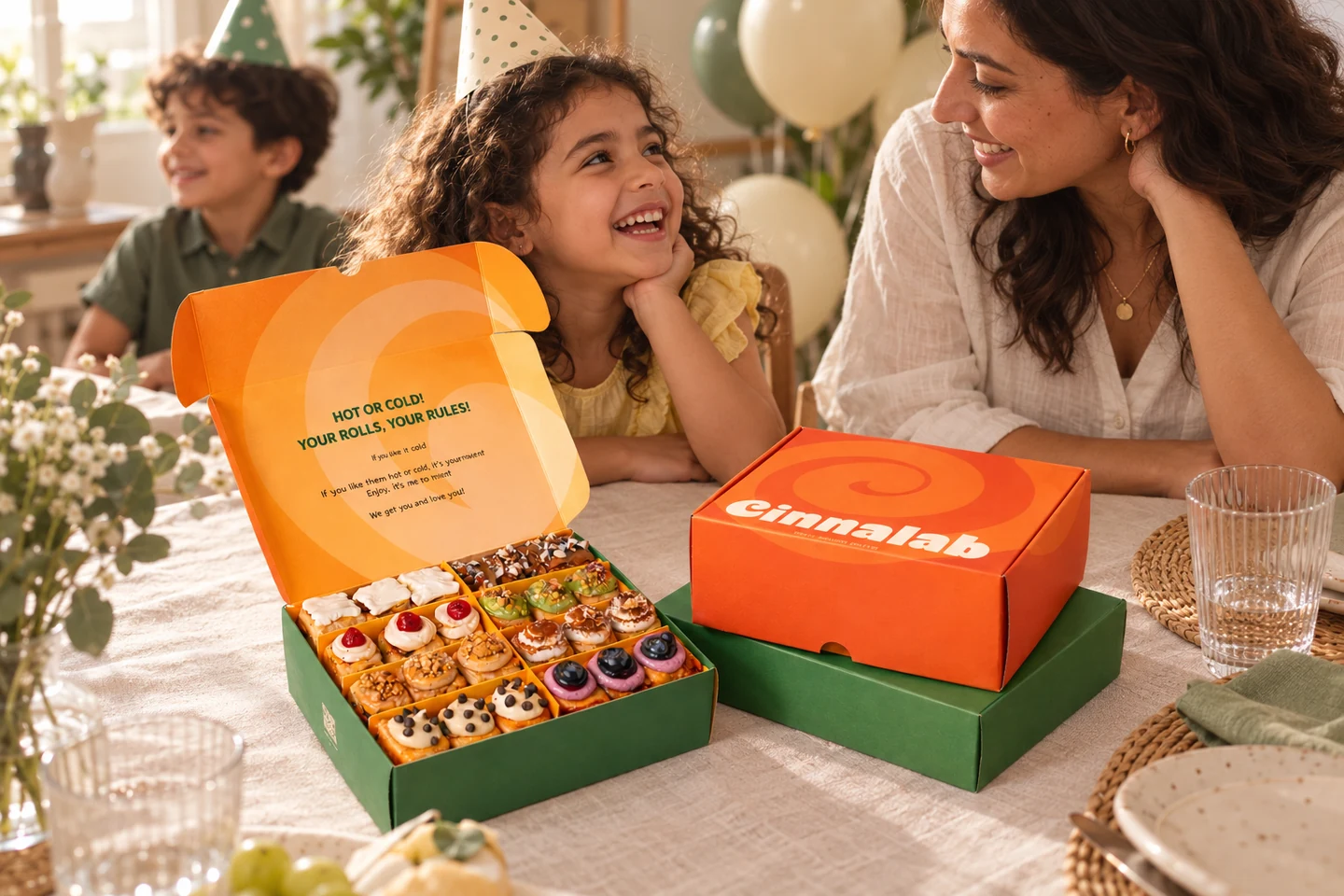 A smiling child at a birthday table with Cinnalab mini cinnamon rolls in their standard green and orange boxes